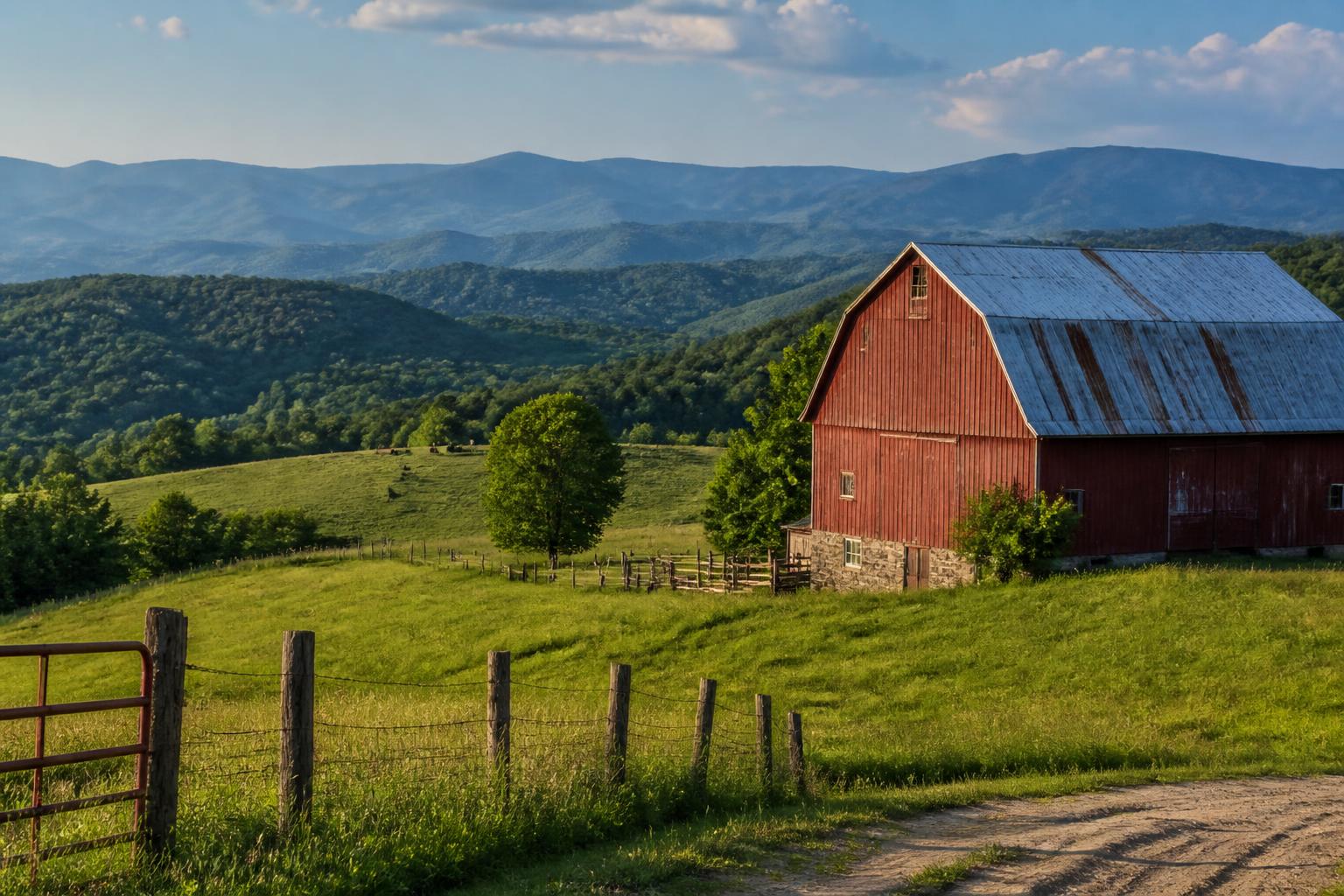 West Virginia farmland with a red barn and blue ridges — the kind of rural property we buy