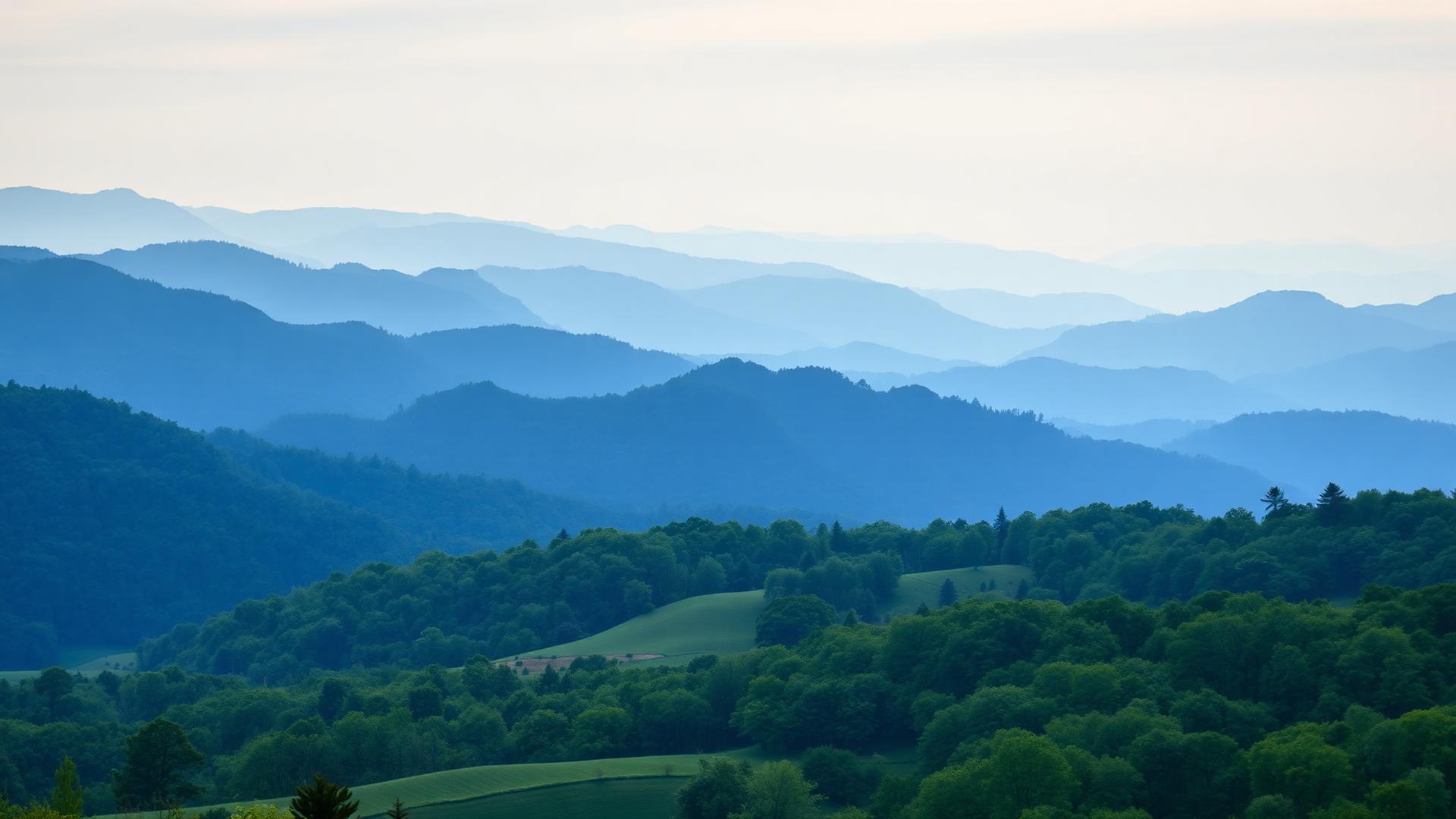 Misty blue Appalachian mountain ridges over rolling West Virginia farmland and forest